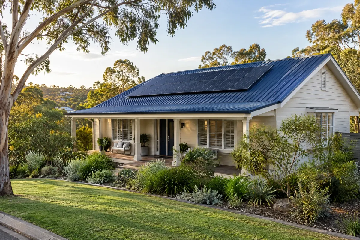Illustrative Queensland-style home with rooftop solar and a leafy garden